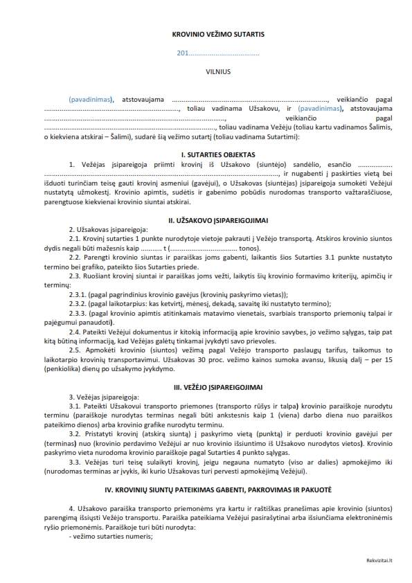 krovinio pervezimo uzsakymas dokumentai kaip tvarkyti kaina